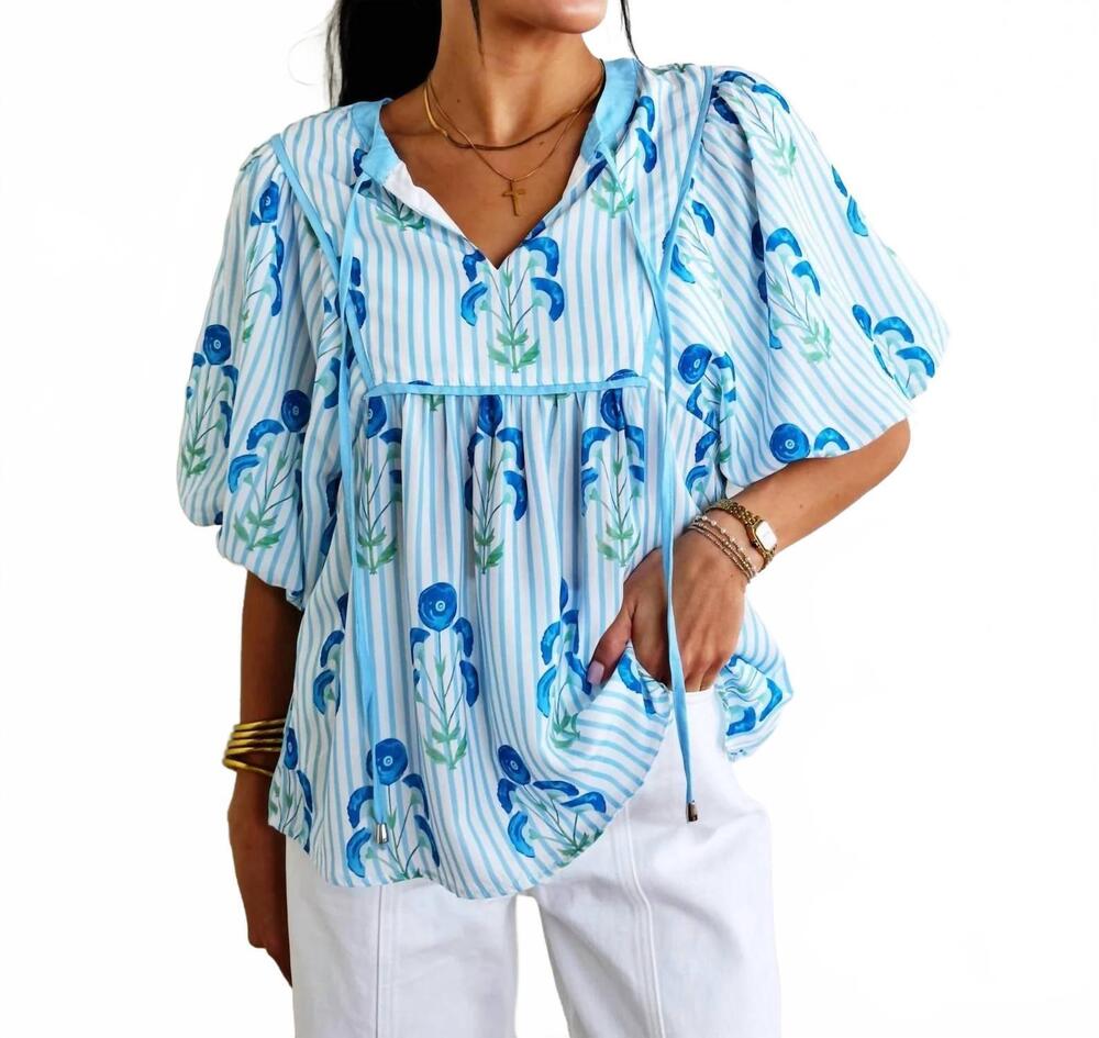 NEW FAIRE striped floral bubble sleeve blouse in skye blue